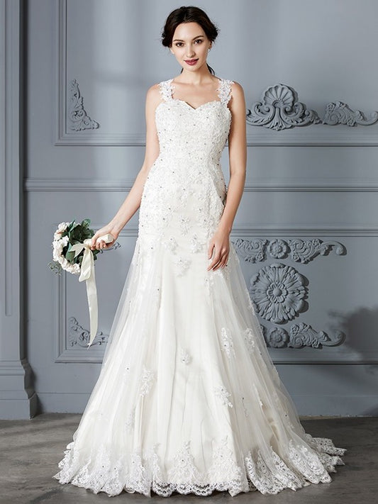 Sleeveless Lace Court Sweetheart Trumpet/Mermaid Train Wedding Dresses