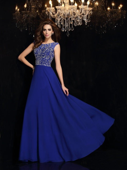 Scoop Sleeveless A-Line/Princess Beading Long Chiffon Dresses