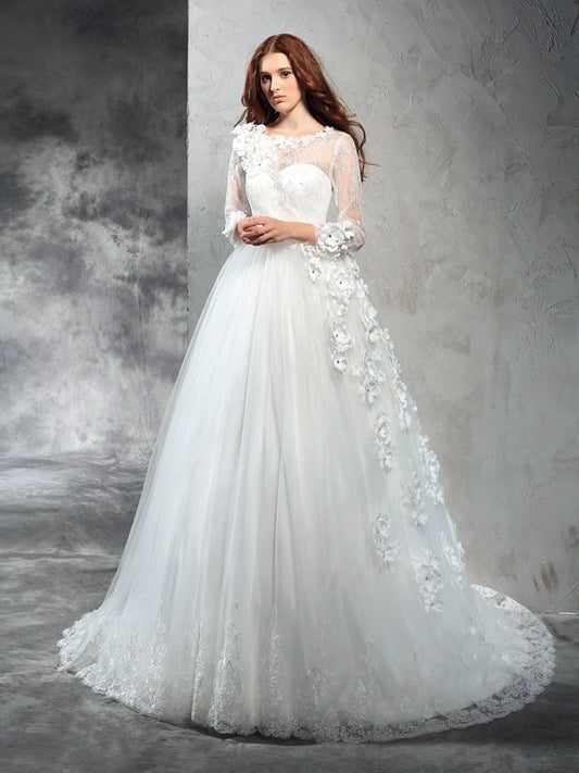 Long Neck Long Sheer Sleeves Gown Flower Hand-Made Ball Net Wedding Dresses