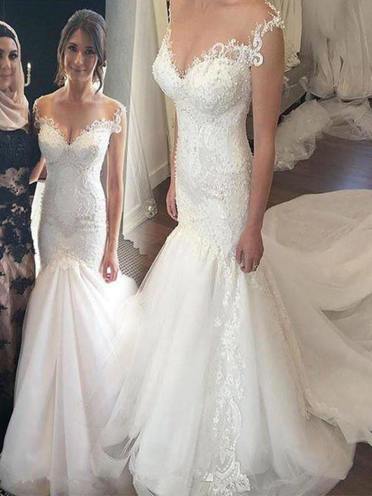 Sleeveless Trumpet/Mermaid Tulle Chapel Off-the-Shoulder Applique Train Wedding Dresses