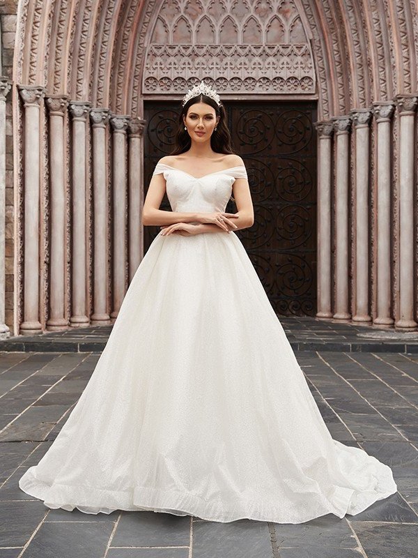 Sleeveless Ball Off-the-Shoulder Tulle Ruched Gown Court Train Wedding Dresses