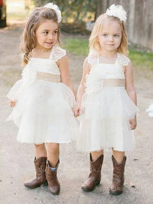 Sash/Ribbon/Belt A-Line/Princess Tulle Knee-Length Square Sleeveless Flower Girl Dresses