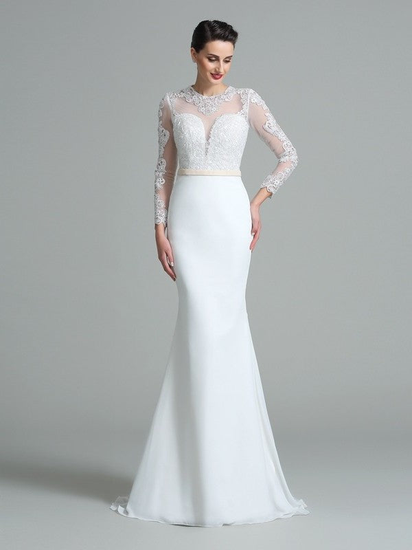 Lace Trumpet/Mermaid Long Sleeves Jewel Long Satin Wedding Dresses