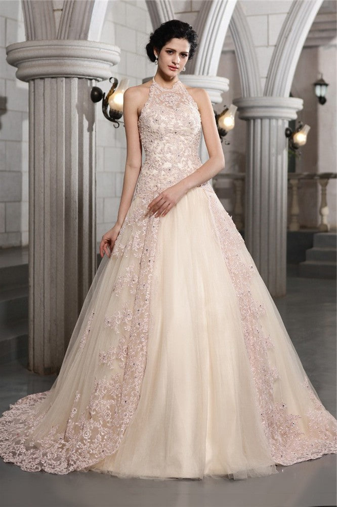 Beading Neck A-Line/Princess Long Sleeveless High Applique Net Wedding Dresses