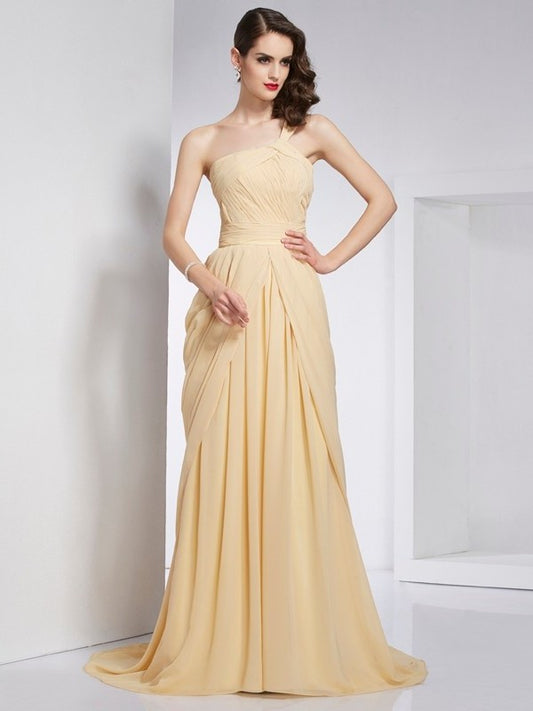 A-Line/Princess Sleeveless One-Shoulder Pleats Long Chiffon Dresses