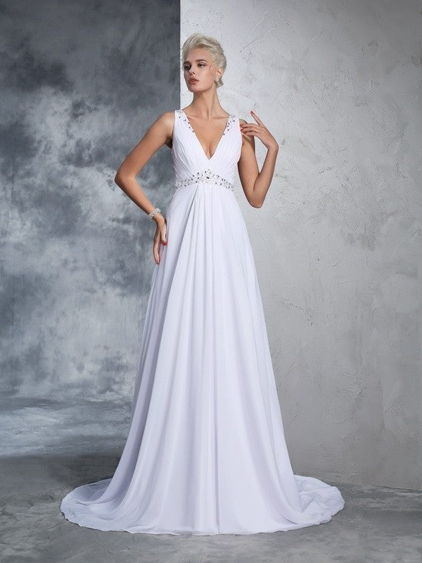 Sleeveless V-neck A-Line/Princess Long Beading Chiffon Wedding Dresses