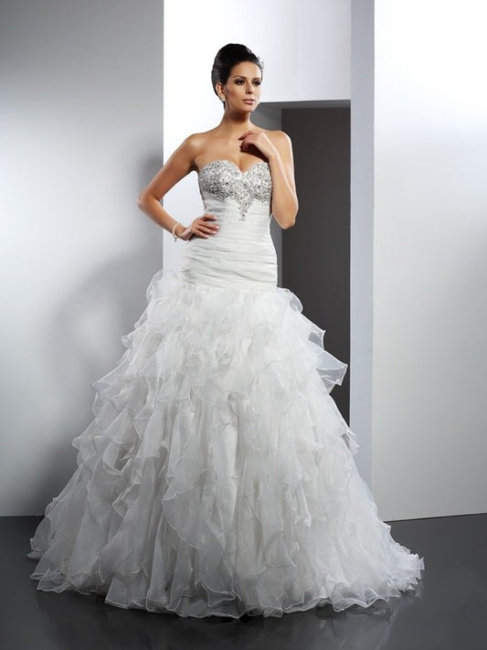 Sweetheart Ball Gown Sleeveless Ruffles Long Tulle Wedding Dresses