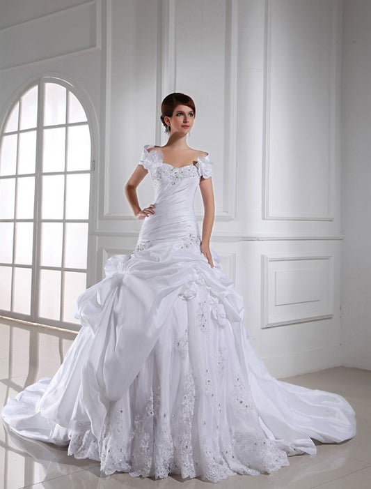 Beading Sleeveless Long Sweetheart Taffeta Wedding Dresses