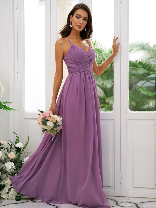 V-neck Sleeveless Chiffon Ruched A-Line/Princess Floor-Length Bridesmaid Dresses