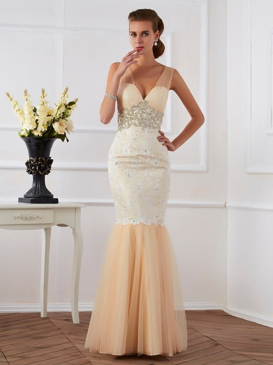 Straps Trumpet/Mermaid Beading Sleeveless Long Net Dresses