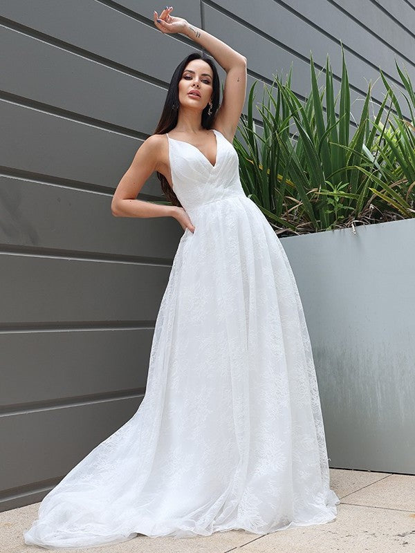 A-Line/Princess Lace Ruched Sweep/Brush V-neck Sleeveless Train Wedding Dresses