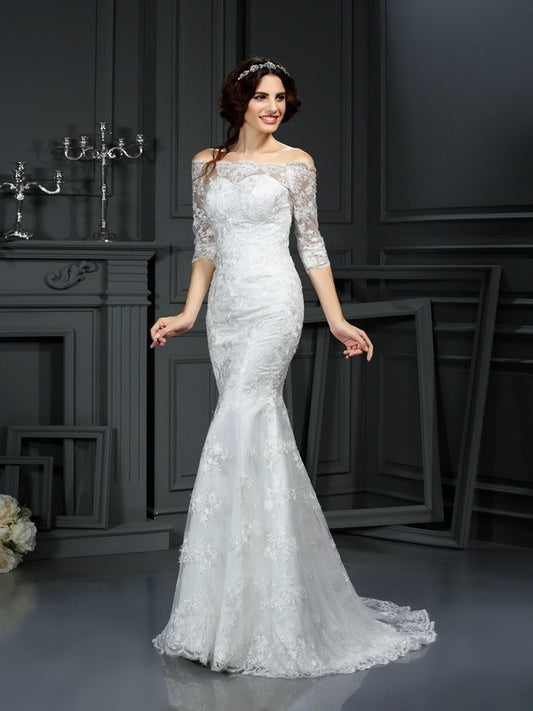 Lace Long Sheath/Column Sleeves 1/2 Off-the-Shoulder Lace Wedding Dresses