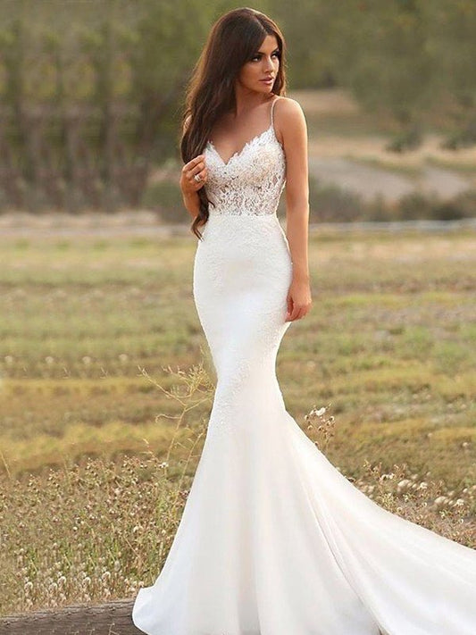 Spaghetti Crepe Stretch Trumpet/Mermaid Sweep/Brush Applique Straps Sleeveless Train Wedding Dresses