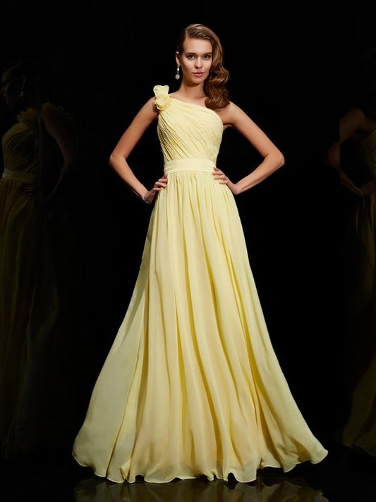 Hand-Made Sleeveless A-Line/Princess One-Shoulder Long Flower Chiffon Bridesmaid Dresses