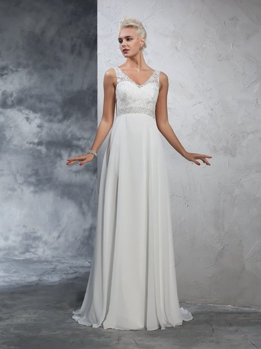 Long Beading Sleeveless V-neck A-Line/Princess Chiffon Wedding Dresses