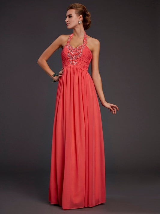 Hand-Made Sleeveless A-Line/Princess Halter Flower Long Chiffon Dresses