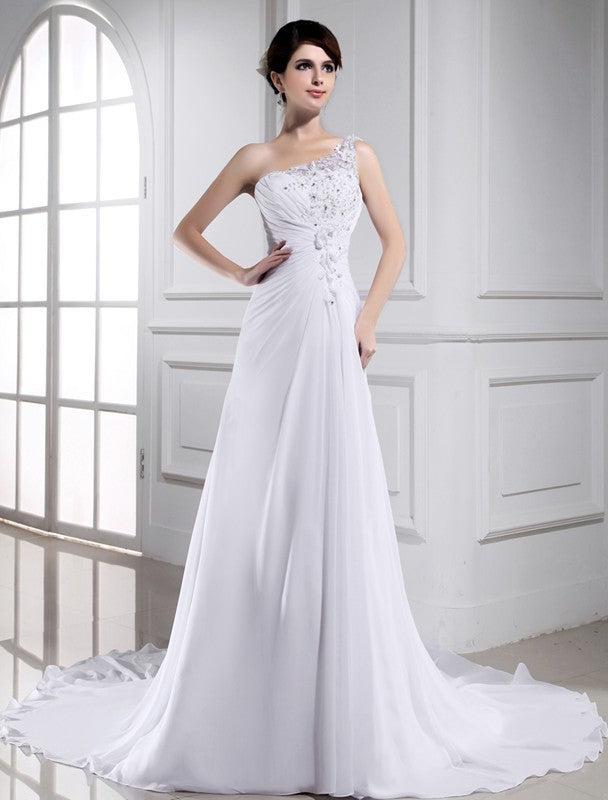 One-shoulder A-Line/Princess Sleeveless Long Beading Chiffon Wedding Dresses