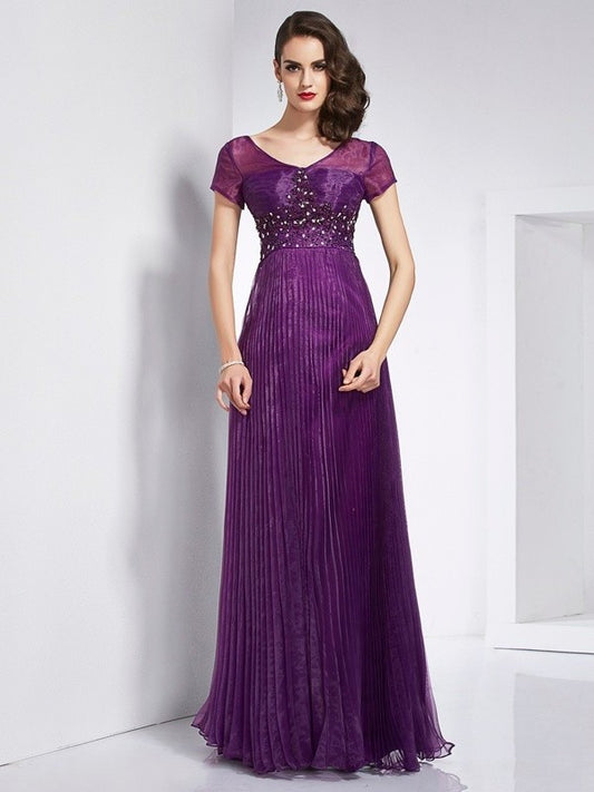 A-Line/Princess Sleeves Short V-neck Beading Long Organza Dresses