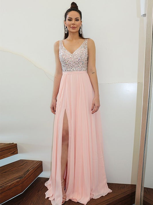 Sleeveless Beading A-Line/Princess Straps Chiffon Floor-Length Dresses