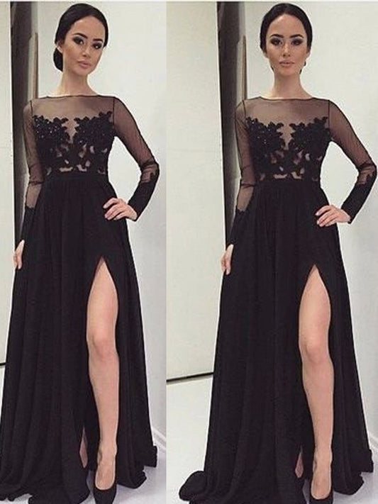 A-Line/Princess Bateau Lace Long Sleeves Floor-Length Chiffon Dresses