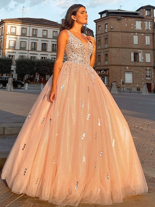 Gown V-neck Ball Beading Tulle Sleeveless Floor-Length Dresses