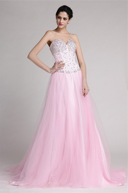 Beading A-Line/Princess Elastic Sweetheart Woven Sleeveless Long Satin Net Dresses