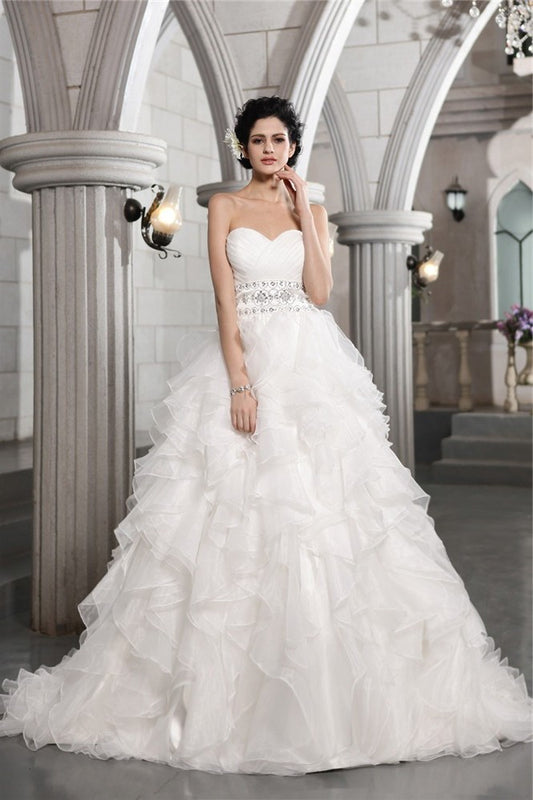 Ball Long Sleeveless Gown Beading Sweetheart Organza Wedding Dresses