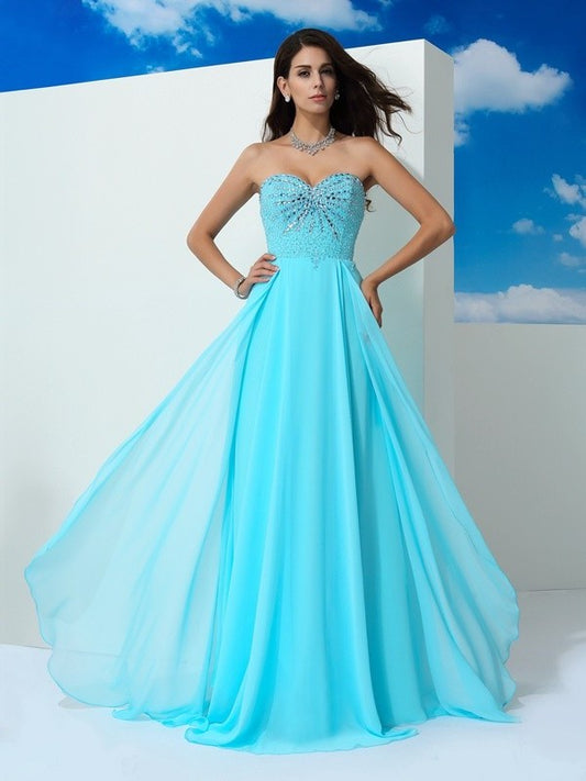 Beading A-Line/Princess Sleeveless Sweetheart Long Chiffon Dresses