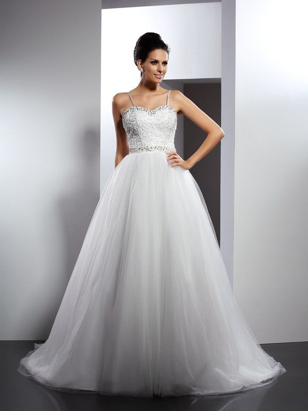 A-Line/Princess Long Straps Beading Spaghetti Sleeveless Tulle Wedding Dresses