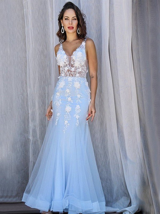 Trumpet/Mermaid V-neck Sleeveless Tulle Applique Floor-Length Dresses