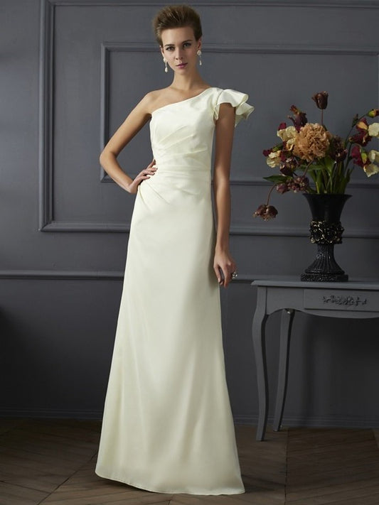 Woven Pleats One-Shoulder Sheath/Column Long Elastic Sleeveless Satin Bridesmaid Dresses