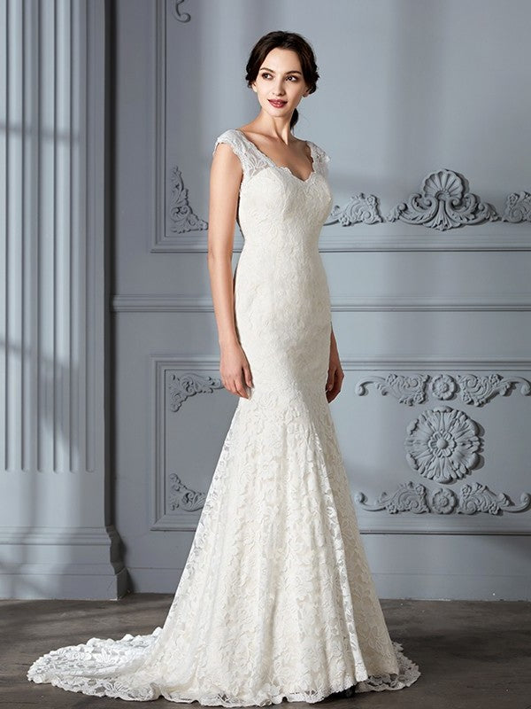 Sleeveless Sweep/Brush V-Neck Lace Trumpet/Mermaid Train Wedding Dresses