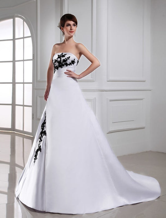 A-Line/Princess Strapless Sleeveless Long Beading Satin Wedding Dresses