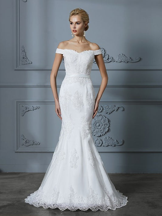 Trumpet/Mermaid Sleeveless Off-the-Shoulder Train Lace Sweep/Brush Tulle Wedding Dresses