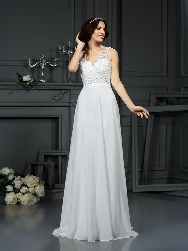 V-neck A-Line/Princess Long Lace Sleeveless Chiffon Wedding Dresses