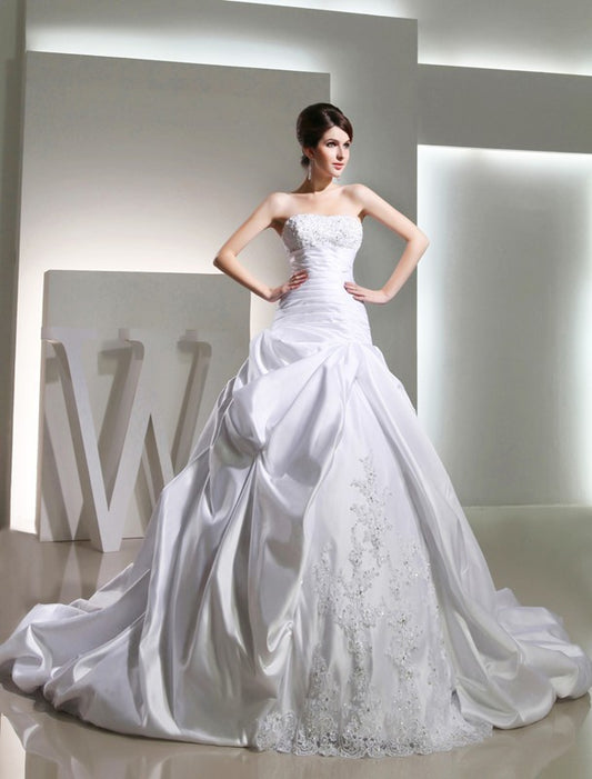 Gown Satin Ball Strapless Beading Long Sleeveless Wedding Dresses