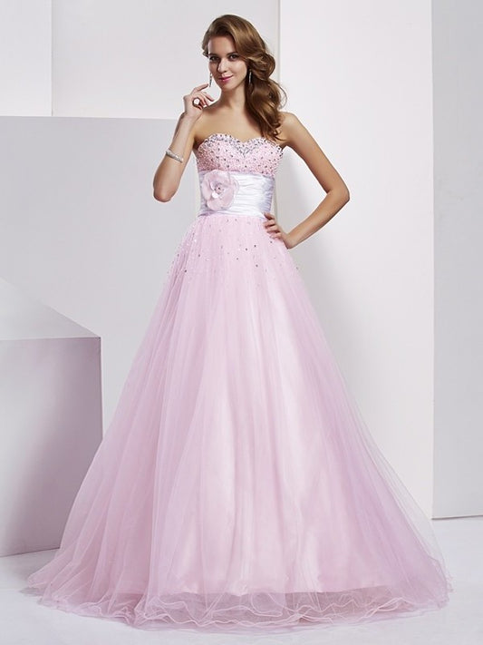 Sleeveless Ball Gown Long Strapless Woven Elastic Beading Satin Quinceanera Dresses