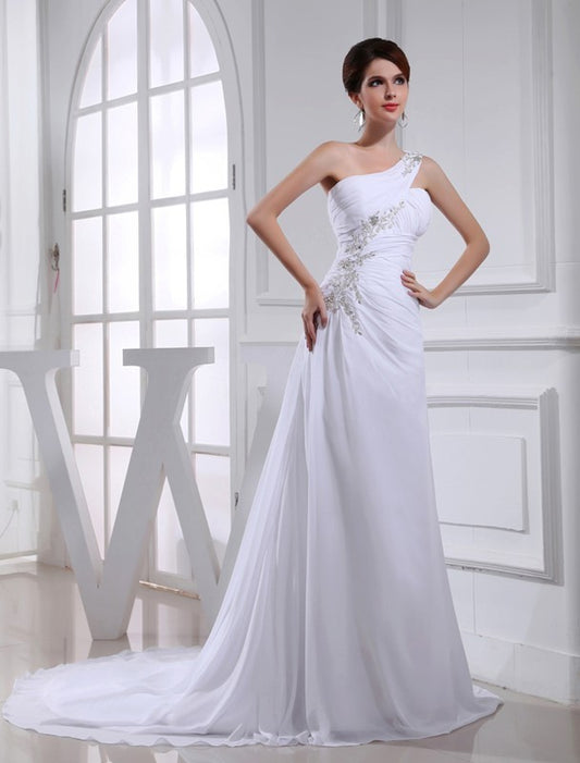 Chiffon Beading A-Line/Princess Sleeveless One-shoulder Applique Wedding Dresses