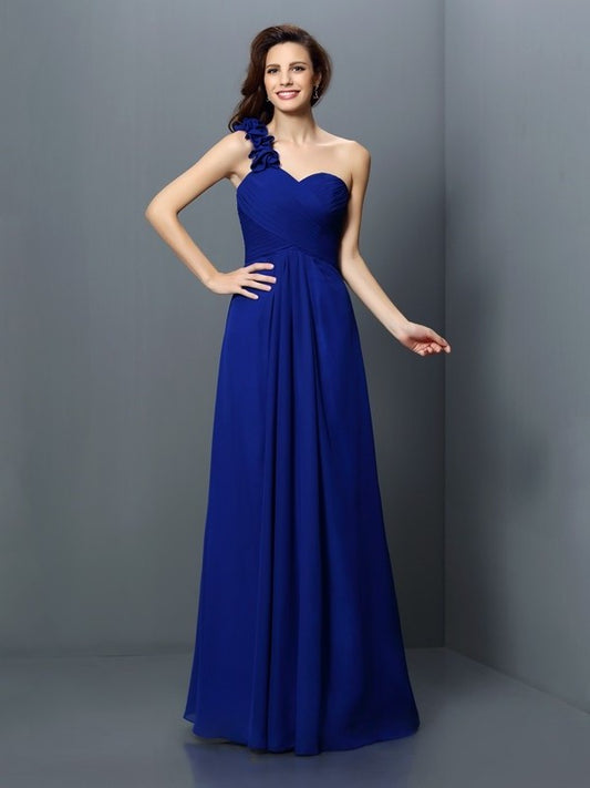 Long One-Shoulder Hand-Made Sleeveless A-Line/Princess Flower Chiffon Bridesmaid Dresses