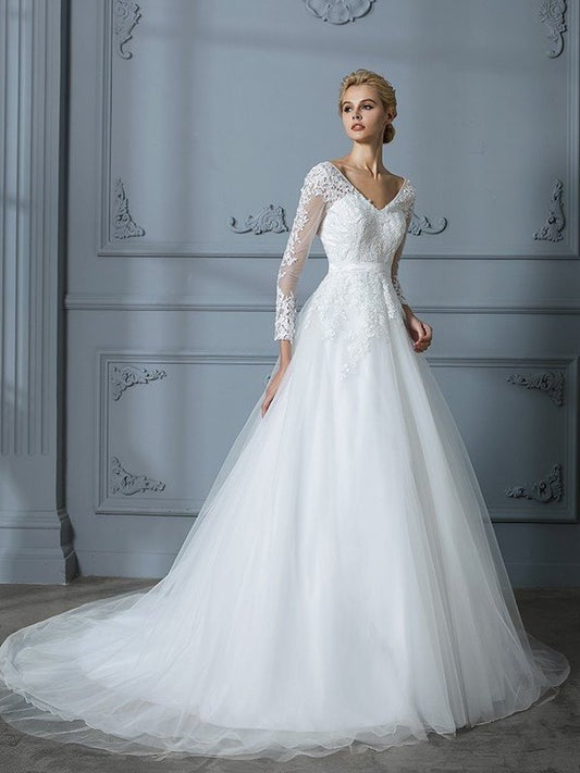 Ball V-neck Court Sleeves Long Train Lace Gown Tulle Wedding Dresses