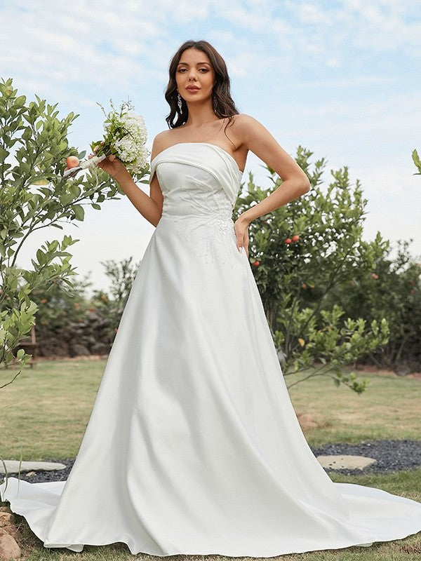 Sweep/Brush Sleeveless Strapless Satin A-Line/Princess Ruched Train Wedding Dresses