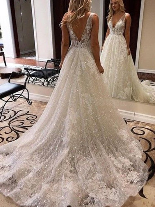 A-Line/Princess Sleeveless V-neck Sweep/Brush Applique Train Tulle Wedding Dresses