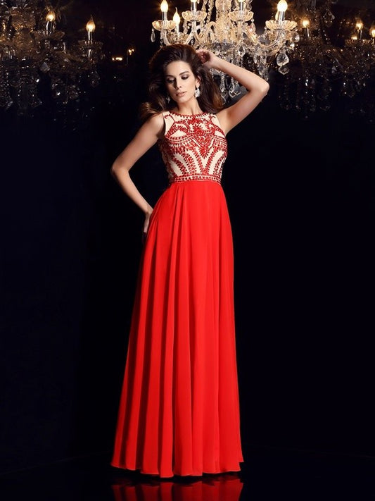 Sleeveless Scoop A-Line/Princess Beading Long Chiffon Dresses