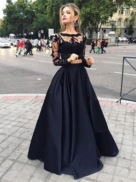 Sleeves Long Ball Gown Bateau Satin Floor-Length Dresses