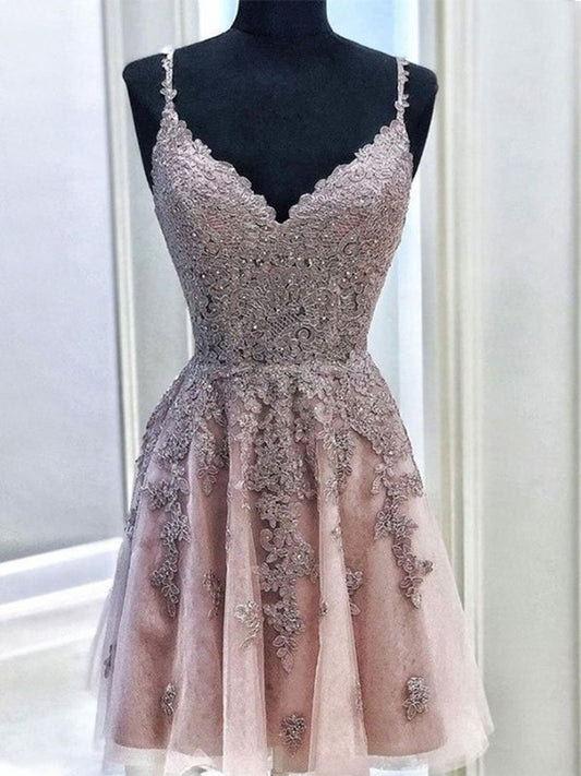 Straps Beading Tulle A-Line/Princess Spaghetti Sleeveless Short/Mini Homecoming Dresses