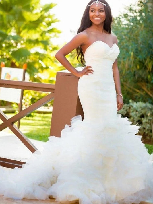 Sleeveless Train Court Sweetheart Trumpet/Mermaid Organza Wedding Dresses