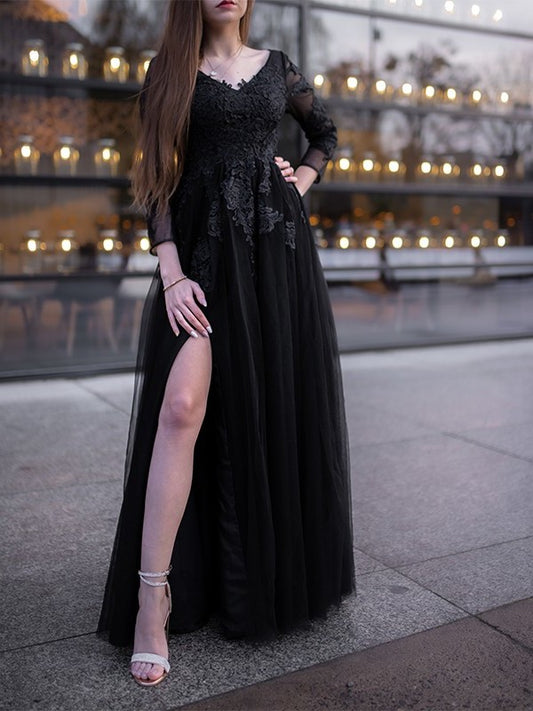 Tulle Applique Ball Sleeves Gown Long Off-the-Shoulder Floor-Length Dresses