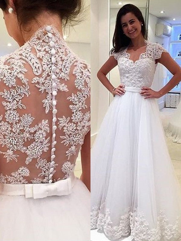 Sleeveless Applique V-neck Floor-Length A-Line/Princess Tulle Wedding Dresses