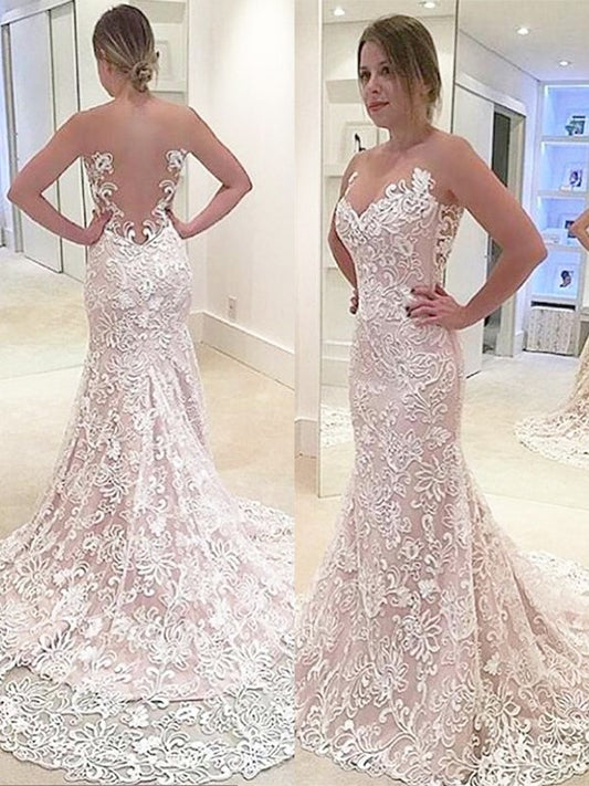 Lace Trumpet/Mermaid Sweep/Brush Sweetheart Sleeveless Train Wedding Dresses