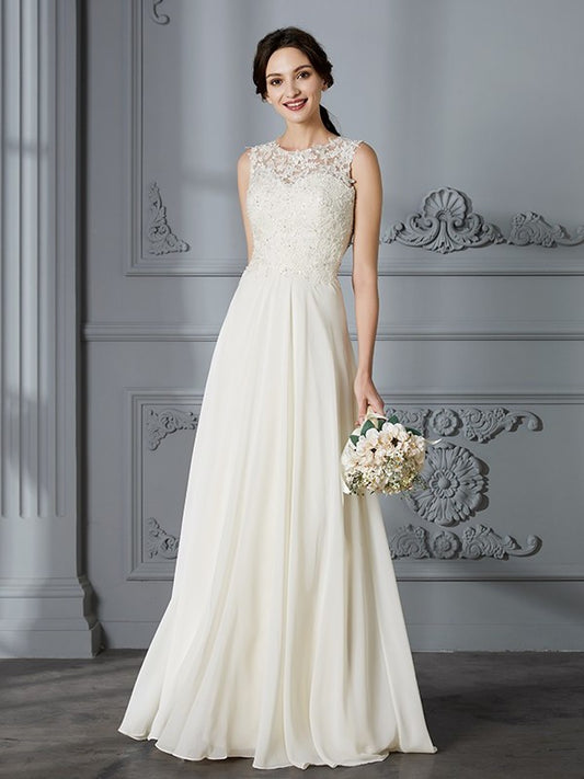 Scoop A-Line/Princess Chiffon Sleeveless Floor-Length Wedding Dresses